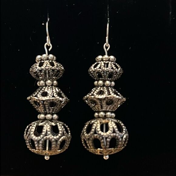 Handcrafted Silver Tone Earrings with Vintage Beading - Picture 1 of 3